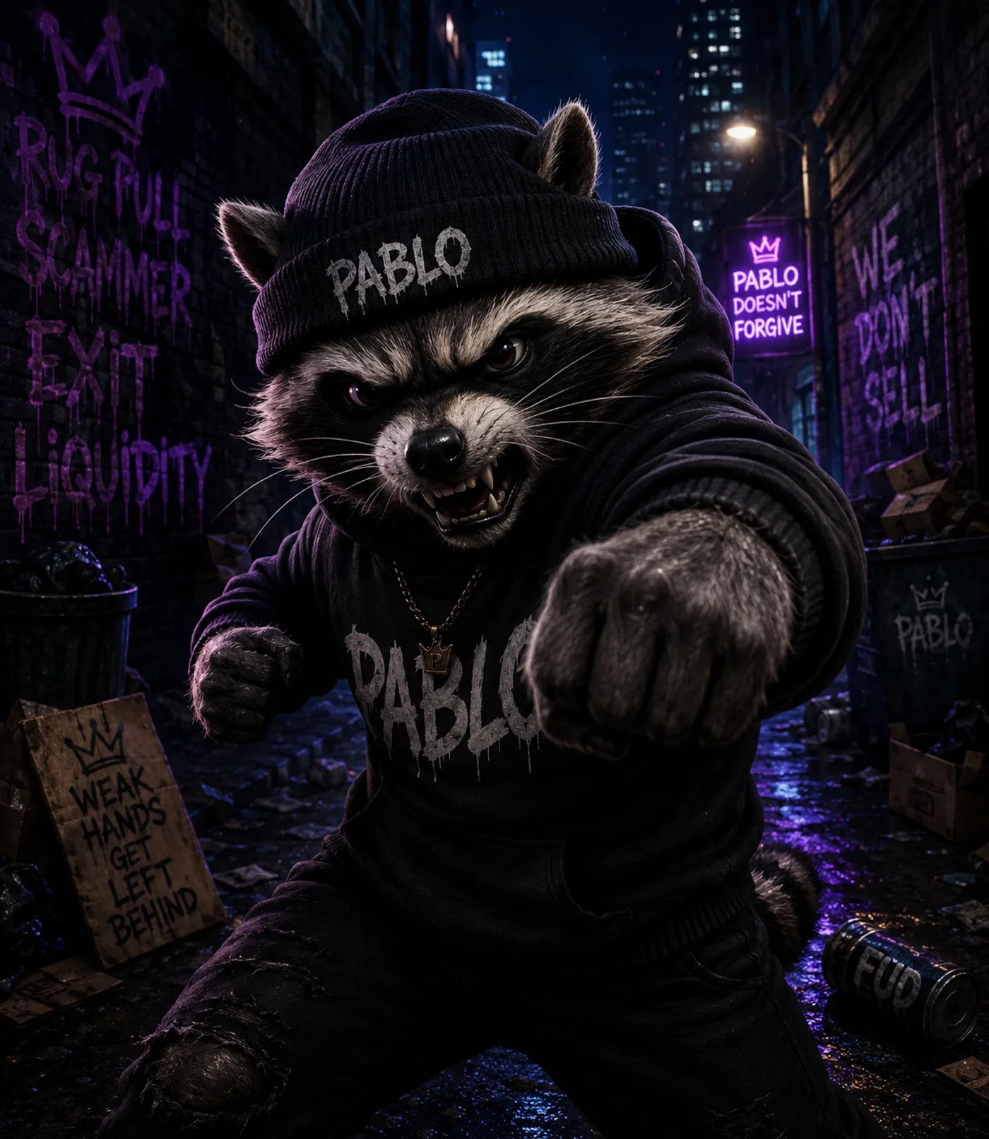 PABLO dans une ruelle, veste à capuche, entouré de tags « PABLO doesn't forgive » et « We don't sell »